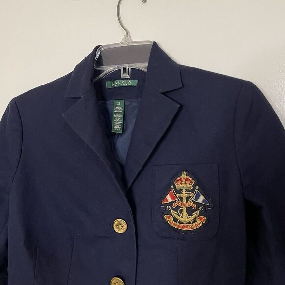 Ralph Lauren Gold Crest Logo embroidered Button Blazer Navy Rugby Academia XS - Picture 3 of 4